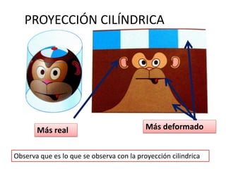 Más real Más deformado
PROYECCIÓN CILÍNDRICA
Observa que es lo que se observa con la proyección cilindrica
 