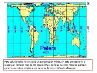 Para solucionarlo Peters ideó una proyección mixta. En esta proyección se
respeta el tamaño real de los continentes, aunque parezca mentira porque
estamos acostumbrados a ver siempre la proyección de Mercator
 