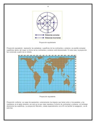 4
Proyección equidistante
Proyección equivalente: representa las verdaderas superficies de los continentes u océanos; es posible comparar
superficies dentro del mapa. La forma de los continentes y océanos está distorsionada. En este caso, la proyección
fue construida a partir de un cilindro.
Proyección equivalente
Proyección conforme: es capaz de representar correctamente los ángulos que tienen entre sí los paralelos y los
meridianos en el globo terrestre, por esto es la que mejor reproduce la forma de continentes y océanos; sin embargo
distorsiona las superficies. La proyección Mercator, creada especialmente con el fin de facilitar la navegación, es de
este tipo.
 