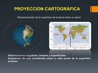 PROYECCION CARTOGRÁFICA
11
Deformaciones angulares, lineales y superficiales
Asignación de una coordenada plana a cada punto de la superficie
terrestre
Representación de la superficie de la tierra sobre un plano
 