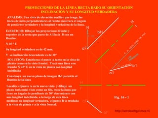 PROYECCIONES DE LA LÍNEA RECTA DADO SU ORIENTACIÓN 
INCLINACIÓN Y SU LONGITUD VERDADERA 
< DE 
PENDIENTE 
http://arrobadtgd.mex.tl/ 
ANALISIS: Una vista de elevación auxiliar que tenga, las 
líneas de mira perpendiculares al rumbo mostrara el ángulo 
de pendiente verdadero y la longitud verdadera de la línea. 
EJERCICIO: Dibujar las proyecciones frontal y 
superior de la recta que parte de A Hacia B con un 
Rumbo: 
N 45 ° E 
Su longitud verdadera es de 42 mm. 
Y su inclinación descendente es de 30° 
SOLUCIÓN: Establezca el punto A tanto en la vista de 
planta como en la vista frontal. Tracé una línea con 
Rumbo N 45° E en la vista de planta con longitud 
indefinida 
Construya un nuevo plano de imagen H-1 paralelo al 
Rumbo de la línea 
Localice el punto A en la nueva vista y dibuje un 
plano horizontal visto como un filo, trace la línea que 
tiene un ángulo de pendiente de 30° descendente con 
una longitud indefinida, a lo largo de esta línea 
medimos su longitud verdadera, el punto B se traslada 
a la vista de planta y a la vista frontal. 
Fig. 16 - 1 
 