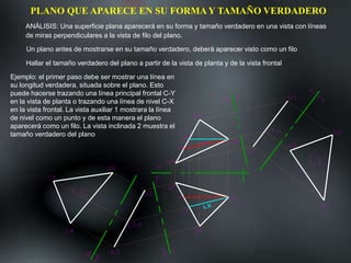 PLANO QUE APARECE EN SU FORMAY TAMAÑO VERDADERO
ANÁLISIS: Una superficie plana aparecerá en su forma y tamaño verdadero en una vista con líneas
de miras perpendiculares a la vista de filo del plano.
Un plano antes de mostrarse en su tamaño verdadero, deberá aparecer visto como un filo
Hallar el tamaño verdadero del plano a partir de la vista de planta y de la vista frontal
Ejemplo: el primer paso debe ser mostrar una línea en
su longitud verdadera, situada sobre el plano. Esto
puede hacerse trazando una línea principal frontal C-Y
en la vista de planta o trazando una línea de nivel C-X
en la vista frontal. La vista auxiliar 1 mostrara la línea
de nivel como un punto y de esta manera el plano
aparecerá como un filo. La vista inclinada 2 muestra el
tamaño verdadero del plano
 