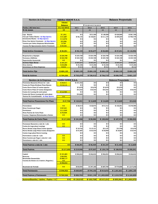 Nombre de la Empresa : TERRA VERDE S.A.A. Balance Proyectado 
Ultimo 
Balance P r o y e c c i o n e s 
Fecha ( dd/mm/aa ) 31/12/2012 2011 2012 2013 2014 2015 
Nr de meses 12 12 12 12 12 12 
Caja - Bancos $ 1,931 $ 0 -$ 51,364 -$ 158,565 -$ 426,980 -$ 681,786 
Ctas por Cobrar Reales - de Hoja Ajustes $ 31,687 $ 48,144 $ 105,641 $ 211,149 $ 399,639 $ 798,778 
Inventarios Reales - de Hoja Ajustes $ 12,976 $ 0 $ 0 $ 0 $ 0 $ 0 
Otras Ctas Activo Circulante - de Hoja Ajustes $ 8,396 $ 0 $ 0 $ 0 $ 0 $ 0 
Cuantas por Cobrar Empresas Relacionadas $ 720 $ 0 $ 0 $ 0 $ 0 $ 0 
Cuentas No Operacionales Activo Circulante $ 24,381 $ 0 $ 0 $ 0 $ 0 $ 0 
Total Activo Circulante $ 80,091 $ 48,144 $ 54,277 $ 52,584 -$ 27,341 $ 116,992 
Maquinarias y Equipos $ 324,769 $ 324,769 $ 324,769 $ 324,769 $ 324,769 $ 324,769 
Terrenos y Edificios $ 324,769 $ 324,769 $ 324,769 $ 324,769 $ 324,769 $ 324,769 
Depreciación Acumulada $ 0 $ 0 $ 0 $ 0 $ 0 $ 0 
Activos Fijos Netos $ 649,537 $ 649,537 $ 649,537 $ 649,537 $ 649,537 $ 649,537 
Otros Activos $ 34,386 $ 34,386 $ 34,386 $ 34,386 $ 34,386 $ 34,386 
Inversiones en Otras Empresas $ 212 $ 212 $ 212 $ 212 $ 212 $ 212 
Total Activo Fijo $ 684,135 $ 684,135 $ 684,135 $ 684,135 $ 684,135 $ 684,135 
Total de Activos $ 764,226 $ 732,279 $ 738,412 $ 736,719 $ 656,794 $ 801,127 
Nombre de la Empresa : TERRA VERDE S.A.A. Balance Proyectado 
Prestamos Bancarios Menos de 1 año $ 38,811 $ 101,422 $ 0 $ 0 $ 0 $ 0 
Cuotas de Ptmos Mediano Plazo Bancos $ 15,113 $ 0 $ 0 $ 0 $ 0 $ 0 
Cuota Nuevo Ptmo LP cuotas iguales $ 5,276 $ 5,276 $ 5,276 $ 5,276 $ 0 
Cuota Nuevo Ptmo LP cuotas desiguales $ 8,333 $ 8,333 $ 8,333 $ 8,333 $ 8,333 
Cuotas de Leasing del corto plazo $ 13,784 $ 0 $ 0 $ 0 $ 0 $ 0 
Cuotas del Nuevo Leasing del corto plazo $ 8,000 $ 0 $ 0 $ 0 $ 0 
Pasivos No Contabilizados - de Hoja Ajustes $ 0 
Total Pasivos Financieros Cto Plazo $ 67,708 $ 123,031 $ 13,609 $ 13,609 $ 13,609 $ 8,333 
Proveedores $ 0 $ 38,515 $ 36,974 $ 91,412 $ 153,861 $ 278,598 
Otras Cuentas por Pagar $ 67,321 $ 0 $ 0 $ 0 $ 0 $ 0 
Provisiones $ 11,345 $ 0 $ 0 $ 0 $ 0 $ 0 
Otros Pasivos de Corto Plazo $ 70,929 $ 0 $ 0 $ 0 $ 0 $ 0 
Cuentas Empresas Relacionadas o Socios $ 0 $ 0 $ 0 $ 0 $ 0 $ 0 
Total Pasivos de Corto Plazo $ 217,303 $ 161,546 $ 50,584 $ 105,022 $ 167,470 $ 286,932 
Prestamos Bancarios a más de 1 año $ 0 $ 0 $ 0 $ 0 $ 0 $ 0 
Cuotas de largo plazo Leasings $ 0 $ 0 $ 0 $ 0 $ 0 $ 0 
Nueva Deuda Largo Plazo Cuotas iguales $ 16,724 $ 13,121 $ 9,157 $ 4,796 $ 5,276 
Nueva Deuda Largo Plazo Cuotas desiguales $ 41,667 $ 33,333 $ 25,000 $ 16,667 $ 8,333 
Cuotas largo plazo Nuevo Leasing $ 0 $ 0 $ 0 $ 0 $ 0 
Proveedores a más de 1 año $ 0 $ 0 $ 0 $ 0 $ 0 $ 0 
Otras Cuentas por Pagar a más de 1 año $ 0 $ 0 $ 0 $ 0 $ 0 $ 0 
Provisiones a más de 1 año $ 0 $ 0 $ 0 $ 0 $ 0 $ 0 
Total Pasivos a más de 1 año $ 0 $ 58,391 $ 46,454 $ 34,157 $ 21,463 $ 13,609 
Total Pasivos $ 217,303 $ 219,936 $ 97,037 $ 139,178 $ 188,933 $ 300,541 
Capital $ 191,604 $ 546,923 $ 546,923 $ 546,923 $ 546,923 $ 546,923 
Reservas $ 69,202 
Resultados Acumuladas $ 286,117 
Cuentas de Socios en el Activo ( Negativo ) $ 0 
$ 546,923 
Resultado del Período $ 0 $ 83,934 $ 197,180 $ 367,749 $ 774,898 $ 1,317,236 
Total Patrimonio $ 546,923 $ 630,857 $ 744,103 $ 914,672 $ 1,321,821 $ 1,864,159 
Total Pasivos y Patrimonio $ 764,226 $ 850,793 $ 841,140 $ 1,053,850 $ 1,510,754 $ 2,164,699 
Autoverificación ( Activo - Pasivo = 0 ) $ 0 -$ 118,515 -$ 102,728 -$ 317,131 -$ 853,961 -$ 1,363,572 
 