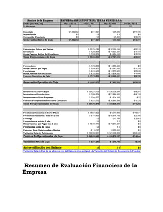 Nombre de la Empresa : EMPRESA AGROINDUSTRIAL TERRA VERDE S.A.A. 
Fecha ( dd/mm/aa ) 31/12/2010 31/12/2011 31/12/2012 30/06/2013 
Nr de meses 12 12 12 12 
Resultado $ 1,532,662 $ 811,331 $ 36,589 $ 51,105 
Depreciación $ 0 $ 0 $ 0 $ 0 
Corrección Monetaria $ 0 $ 0 $ 7,265 $ 3,676 
Generación Bruta de Caja $ 1,532,662 $ 811,331 $ 43,854 $ 54,781 
Cuentas por Cobrar por Ventas $ 20,704,129 -$ 32,380,134 -$ 6,516 
Inventario $ 7,258,874 -$ 16,903,321 $ 1,154 
Otras Cuentas Activo del Circulante $ 1,590,936 -$ 8,484,055 $ 3,295 
Usos Operacionales de Caja $ 29,553,939 -$ 57,767,510 -$ 2,067 
Proveedores $ 1,783,639 -$ 14,980,565 $ 0 
Otras Cuentas por Pagar $ 1,446,801 -$ 8,042,695 -$ 1,154 
Provisiones $ 8,316,405 -$ 12,570,920 $ 5,838 
Otros Pasivos de Corto Plazo $ 6,192,693 -$ 14,614,681 $ 1,506 
Fuentes Operativas de Caja $ 17,739,538 -$ 50,208,861 $ 6,190 
Generación Operativa de Caja -$ 11,003,070 $ 7,602,503 $ 63,038 
Inversión en Activos Fijos $ 257,275,100 -$ 636,336,684 -$ 8,201 
Inversión en Otros Activos -$ 1,086,634 -$ 21,224,566 -$ 4,159 
Inversiones en Otras Empresas $ 1,044,377 -$ 1,614,358 -$ 22 
Cuentas No Operacionales Activo Circulante $ 4,533,772 -$ 30,660,398 $ 1,120 
Usos No Operacionales de Caja $ 261,766,615 -$ 689,836,006 -$ 11,262 
Prestamos Bancarios de Corto Plazo -$ 14,873,922 -$ 6,340,993 -$ 16,871 
Prestamos Bancarios a más de 1 año $ 6,143,450 -$ 90,914,149 $ 2,306 
Leasings $ 0 $ 13,784 $ 2,983 
Proveedores a más de 1 año $ 0 $ 0 $ 0 
Otras Cuentas por Pagar más 1 año $ 75,484,140 -$ 79,873,327 $ 0 
Provisiones a más de 1 año $ 0 $ 0 $ 0 
Cuentas Emp. Relacionadas o Socios -$ 118,167 -$ 255,669 $ 0 
Variación Neta del Patrimonio $ 199,592,901 -$ 521,308,903 -$ 62,462 
Fuentes No Operacionales de Caja $ 266,228,402 -$ 698,679,257 -$ 74,044 
Variación Neta de Caja -$ 6,541,283 -$ 1,240,748 $ 256 
Autoverificación con Balance $ 0 $ 0 $ 0 
Variación Neta de Caja de un año con otro del Balance debe ser igual a la Variación del Estado de Generación de Fondos 
Resumen de Evaluación Financiera de la 
Empresa 
 