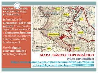 MAPA BÁSICO: TOPOGRÁFICO
(visor cartográfico:
http://www.geamap.com/espana#zoom=8&lat=41.783&lon
=-7.144&layer=4&overlays=fffffffffffffffffffff
REPRESENTACIÓN
PARCIAL DE UNA
SUPERFICIE:
Información de
elementos del medio
natural ( ríos, fuentes,
lagos relieve, vegetación)
y elementos humanos
( poblaciones, carreteras,
límites provinciales,
fronteras, etc)
Uso de signos
convencionales (
símbolos y colores)
 