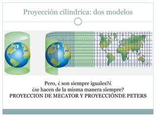 Proyección cilíndrica: dos modelos
Pero, ¿ son siempre iguales?¿
¿se hacen de la misma manera siempre?
PROYECCION DE MECATOR Y PROYECCIÓNDE PETERS
 