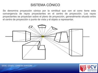 GEOG. CESAR E. CARRERA SAAVEDRA
SISTEMA CÓNICO
Se denomina proyección cónica por la similitud que con el cono tiene esta
convergencia de rayos proyectantes en el centro de proyección. Los rayos
proyectantes se proyectan sobre el plano de proyección, generalmente situado entre
el centro de proyección o punto de vista y el objeto a representar.
 