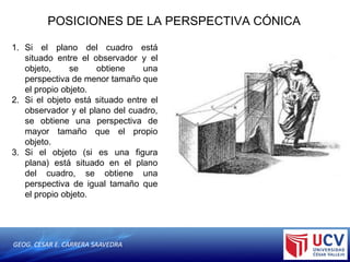 GEOG. CESAR E. CARRERA SAAVEDRA
POSICIONES DE LA PERSPECTIVA CÓNICA
1. Si el plano del cuadro está
situado entre el observador y el
objeto, se obtiene una
perspectiva de menor tamaño que
el propio objeto.
2. Si el objeto está situado entre el
observador y el plano del cuadro,
se obtiene una perspectiva de
mayor tamaño que el propio
objeto.
3. Si el objeto (si es una figura
plana) está situado en el plano
del cuadro, se obtiene una
perspectiva de igual tamaño que
el propio objeto.
 