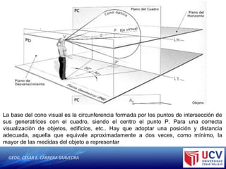 GEOG. CESAR E. CARRERA SAAVEDRA
La base del cono visual es la circunferencia formada por los puntos de intersección de
sus generatrices con el cuadro, siendo el centro el punto P. Para una correcta
visualización de objetos, edificios, etc.. Hay que adoptar una posición y distancia
adecuada, aquella que equivale aproximadamente a dos veces, como mínimo, la
mayor de las medidas del objeto a representar
 