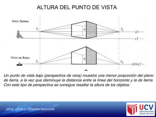 GEOG. CESAR E. CARRERA SAAVEDRA
ALTURA DEL PUNTO DE VISTA
Un punto de vista bajo (perspectiva de rana) muestra una menor proporción del plano
de tierra, a la vez que disminuye la distancia entre la línea del horizonte y la de tierra.
Con este tipo de perspectiva se consigue resaltar la altura de los objetos.
 