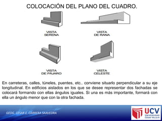 GEOG. CESAR E. CARRERA SAAVEDRA
COLOCACIÓN DEL PLANO DEL CUADRO.
En carreteras, calles, túneles, puentes, etc.. conviene situarlo perpendicular a su eje
longitudinal. En edificios aislados en los que se desee representar dos fachadas se
colocará formando con ellas ángulos iguales. Si una es más importante, formará con
ella un ángulo menor que con la otra fachada.
 
