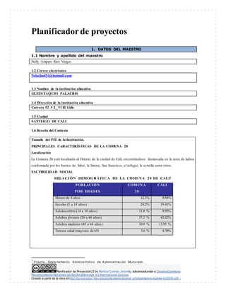 Planificador de ProyectosV2 by Maritza Cuartas Jaramillo islicensedunder a CreativeCommons
Reconocimiento-NoComercial-SinObraDerivada 4.0 Internacional License.
Creado a partir de la obra enhttp://punya.educ.msu.edu/publications/journal_articles/mishra-koehler-tcr2006.pdf...
Planificadorde proyectos
1. DATOS DEL MAESTRO
1.1 Nombre y apellido del maestro
Nelly Amparo Rios Vargas
1.2 Correo electrónico
Nelucha454@hotmail.com
1.3 Nombre de la institución educativa
I.E.EUSTAQUIO PALACIOS
1.4 Dirección de la institución educativa
Carrera 52 # 2_ 51 El Lido
1.5 Ciudad
SANTIAGO DE CALI
1.6 Reseña del Contexto
Tomado del PEI de la Institución.
PRINCIPALES CARACTERÍSTICAS DE LA COMUNA 20
Localización
La Comuna 20 está localizada al Oriente de la ciudad de Cali, encontrándose demarcada en la zona de ladera
conformada por los barrios de: Siloé, la Sirena, San francisco, el refugio, la estrella entre otros.
FACTIBILIDAD SOCIAL
RELACIÓN DEMO GRÁFICA DE LA COMUNA 20 DE CALI1
POBLACIÓN
POR EDADES
COMUNA
20
CALI
Menor de 4 años 12.3% 9.84%
Escolar (5 a 14 años) 24.2% 19.41%
Adolescentes (14 a 19 años) 11.8 % 9.95%
Adultos jóvenes (20 a 44 años) 37.2 % 42.02%
Adultos maduros (45 a 64 años) 10.9 % 13.95 %
Tercera edad (mayores de 65) 3.6 % 4.78%
1 Fuente: Departamento Administrativo de Administración Municipal.
 