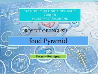 STATE POLYTECHNIC UNIVERSITY
           CARCHI
    FACULTY OF MEDICINE


PROYECT OF ENGLISH

  food Pyramid

      Yovanny Rodríguez
 