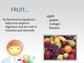FRUIT...
                              apple
Its function is regulatory,     grapes
  help us to improve            oranges
  digestion and are rich in     banana
  vitamins and minerals
 