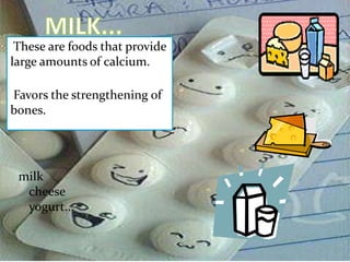 These are foods that provide
large amounts of calcium.

Favors the strengthening of
bones.




 milk
  cheese
  yogurt...
 