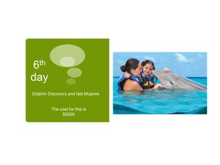 6th
day
Dolphin Discovery and Isla Mujeres
The cost for this is
$2600
 