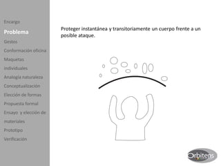 Encargo
                       Proteger instantánea y transitoriamente un cuerpo frente a un
Problema
                       posible ataque.
Gestos
Conformación oficina
Maquetas
individuales
Analogía naturaleza
Conceptualización
Elección de formas
Propuesta formal
Ensayo y elección de
materiales
Prototipo
Verificación
 