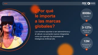 INTRO
Para 2024
800Bn
Mercado Total
Potencial
3-12Tn
participantes en
conciertos de
Fornite
12M
¿Por qué
le importa
a las marcas
globales?
Los números apuntan a ser astronómicos y
el cálculo va sumando nuevos integrantes
como por ejemplo las empresas de
Inteligencia Artiﬁcial (AI).
 