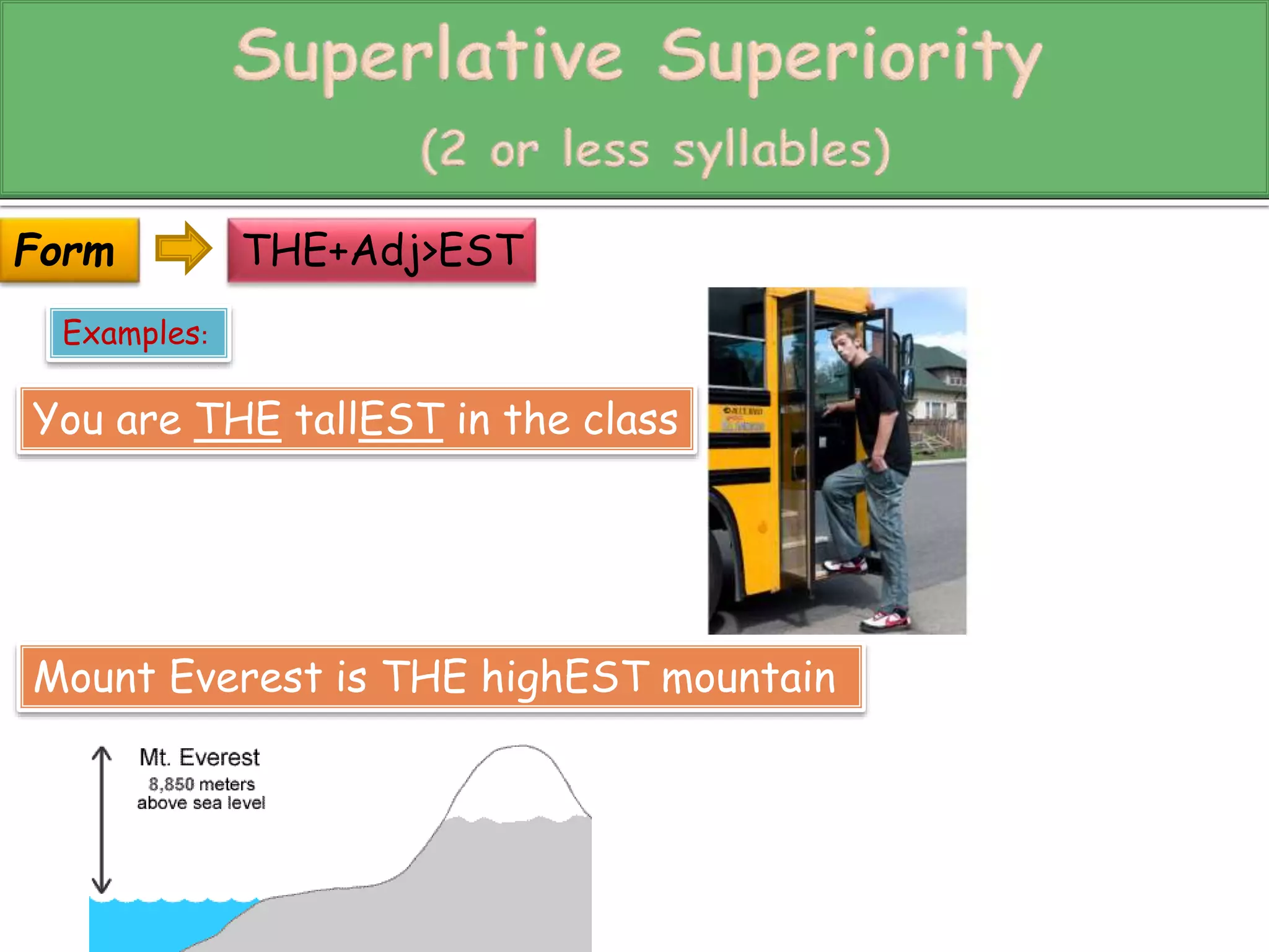 THE+Adj>EST 
Form 
Examples: 
You are THE tallEST in the class 
Mount Everest is THE highEST mountain 
 