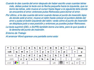 Cuando te das cuenta del error después de haber escrito unas cuantas letras más, debes pulsar la tecla con la flecha pequeña hacia la izquierda, que no borra las letras, sólo mueve el cursor hasta llegar a la siguiente letra donde se encuentra el error; entonces pulsa Retroceso para borrar el error.Por último, si te das cuenta del error cuando tienes el punto de inserción lejos de donde está el error, mueve el ratón hasta colocar el puntero detrás del error y pulsa el botón izquierdo del ratón; verás cómo el punto de inserción se desplaza justo a esa posición y entonces ya puedes pulsar Retroceso.La tecla suprimir (DEL o SUPR) también borra una letra, pero la que queda a la derecha del punto de inserción.Entorno de TrabajoAl arrancar Word aparece una pantalla como esta: