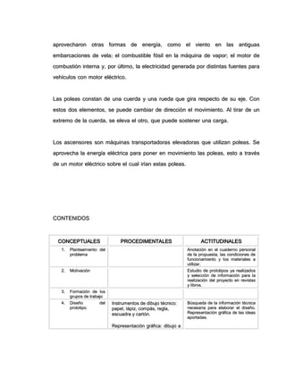 aapprroovveecchhaarroonn oottrraass ffoorrmmaass ddee eenneerrggííaa,, ccoommoo eell vviieennttoo eenn llaass aannttiigguuaass
eemmbbaarrccaacciioonneess ddee vveellaa;; eell ccoommbbuussttiibbllee ffóóssiill eenn llaa mmááqquuiinnaa ddee vvaappoorr;; eell mmoottoorr ddee
ccoommbbuussttiióónn iinntteerrnnaa yy,, ppoorr úúllttiimmoo,, llaa eelleeccttrriicciiddaadd ggeenneerraaddaa ppoorr ddiissttiinnttaass ffuueenntteess ppaarraa
vveehhííccuullooss ccoonn mmoottoorr eellééccttrriiccoo..
LLaass ppoolleeaass ccoonnssttaann ddee uunnaa ccuueerrddaa yy uunnaa rruueeddaa qquuee ggiirraa rreessppeeccttoo ddee ssuu eejjee.. CCoonn
eessttooss ddooss eelleemmeennttooss,, ssee ppuueeddee ccaammbbiiaarr ddee ddiirreecccciióónn eell mmoovviimmiieennttoo.. AAll ttiirraarr ddee uunn
eexxttrreemmoo ddee llaa ccuueerrddaa,, ssee eelleevvaa eell oottrroo,, qquuee ppuueeddee ssoosstteenneerr uunnaa ccaarrggaa..
LLooss aasscceennssoorreess ssoonn mmááqquuiinnaass ttrraannssppoorrttaaddoorraass eelleevvaaddoorraass qquuee uuttiilliizzaann ppoolleeaass.. SSee
aapprroovveecchhaa llaa eenneerrggííaa eellééccttrriiccaa ppaarraa ppoonneerr eenn mmoovviimmiieennttoo llaass ppoolleeaass,, eessttoo aa ttrraavvééss
ddee uunn mmoottoorr eellééccttrriiccoo ssoobbrree eell ccuuaall iirrííaann eessttaass ppoolleeaass..
CCOONNTTEENNIIDDOOSS
CCOONNCCEEPPTTUUAALLEESS PPRROOCCEEDDIIMMEENNTTAALLEESS AACCTTIITTUUDDIINNAALLEESS
11.. PPllaanntteeaammiieennttoo ddeell
pprroobblleemmaa
AAnnoottaacciióónn eenn eell ccuuaaddeerrnnoo ppeerrssoonnaall
ddee llaa pprrooppuueessttaa,, llaass ccoonnddiicciioonneess ddee
ffuunncciioonnaammiieennttoo yy llooss mmaatteerriiaalleess aa
uuttiilliizzaarr..
22.. MMoottiivvaacciióónn EEssttuuddiioo ddee pprroottoottiippooss yyaa rreeaalliizzaaddooss
yy sseelleecccciióónn ddee iinnffoorrmmaacciióónn ppaarraa llaa
rreeaalliizzaacciióónn ddeell pprrooyyeeccttoo eenn rreevviissttaass
yy lliibbrrooss..
33.. FFoorrmmaacciióónn ddee llooss
ggrruuppooss ddee ttrraabbaajjoo
44.. DDiisseeññoo ddeell
pprroottoottiippoo
IInnssttrruummeennttooss ddee ddiibbuujjoo ttééccnniiccoo::
ppaappeell,, llááppiizz,, ccoommppááss,, rreeggllaa,,
eessccuuaaddrraa yy ccaarrttóónn..
RReepprreesseennttaacciióónn ggrrááffiiccaa:: ddiibbuujjoo aa
BBúússqquueeddaa ddee llaa iinnffoorrmmaacciióónn ttééccnniiccaa
nneecceessaarriiaa ppaarraa eellaabboorraarr eell ddiisseeññoo..
RReepprreesseennttaacciióónn ggrrááffiiccaa ddee llaass iiddeeaass
aappoorrttaaddaass..
 