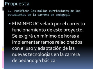 Propuesta1.- Modificar las mallas curriculares de los estudiantes de la carrera de pedagogíaEl MINEDUC velará por el correcto funcionamiento de este proyecto. Se exigirá un mínimo de horas a implementar ramos relacionados con el uso y adaptación de las nuevas tecnologías en la carrera de pedagogía básica. 