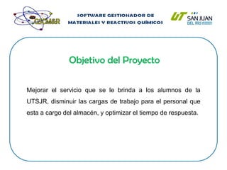 Ledesma Pichardo Pedro Esteban.DescripciónDesarrollar un sistema que lleve un control de inventarios de reactivos y materiales con los que cuenta el almacén de Química Industrial además del manejo de adeudos por parte de los alumnos.Dicho proyecto servirá para brindar un mejor servicio a los alumnos que requieren material para sus prácticas y de esa forma llevar a cabo  el control del almacén.