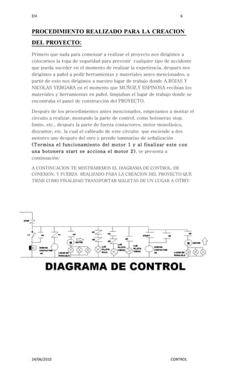 EIV                                                                 6


PROCEDIMIENTO REALIZADO PARA LA CREACION
DEL PROYECTO:
Primero que nada para comenzar a realizar el proyecto nos dirigimos a
colocarnos la ropa de seguridad para prevenir cualquier tipo de accidente
que pueda suceder en el momento de realizar la experiencia, después nos
dirigimos a pañol a pedir herramientas y materiales antes mencionados, a
partir de esto nos dirigimos a nuestro lugar de trabajo donde A.ROJAS Y
NICOLAS VERGARA en el momento que MUÑOZ,Y ESPINOSA recibían los
materiales y herramientas en pañol, limpiaban el lugar de trabajo donde se
encontraba el panel de construcción del PROYECTO.

Después de los procedimientos antes mencionados, empezamos a montar el
circuito a realizar, montando la parte de control, como botoneras stop,
limite, etc., después la parte de fuerza contactores, motor monofásico,
disyuntor, etc. la cual el cableado de este circuito que enciende a dos
motores uno después del otro y prende luminarias de señalización
(Termina el funcionamiento del motor 1 y al finalizar este con
una botonera start se acciona el motor 2), se presenta a
continuación:

A CONTINUACION TE MOSTRAREMOS EL DIAGRAMA DE CONTROL, DE
CONEXIÓN, Y FUERZA REALIZADO PARA LA CREACION DEL PROYECTO QUE
TIENE COMO FINALIDAD TRANSPORTAR MALETAS DE UN LUGAR A OTRO:




24/06/2010                                                      CONTROL
 