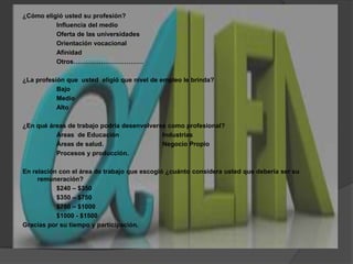 ¿Cómo eligió usted su profesión?		Influencia del medio		Oferta de las universidades		Orientación vocacional		AfinidadOtros……………………………¿La profesión que  usted  eligió que nivel de empleo le brinda?		Bajo		Medio		Alto¿En qué áreas de trabajo podría desenvolverse como profesional?		Áreas  de Educación 		Industrias					Áreas de salud.		Negocio Propio		Procesos y producción.  	En relación con el área de trabajo que escogió ¿cuánto considera usted que debería ser su remuneración?		$240 – $350		$350 – $750		$750 – $1000$1000 - $1500Gracias por su tiempo y participación. 