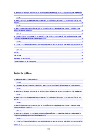 3. ¿PIENSA USTED QUE POR FALTA DE RECURSOS ECONÓMICOS SE DA LA DESNUTRICIÓN INFANTIL?
.........................................................................................................................................................18
    TABLA # 3 ................................................................................................................................................18
4. ¿CREE USTED QUE LA MIGRACIÓN DE PADRES DE FAMILIA CONLLEVE A LA DESNUTRICIÓN DE SUS
HIJOS?...............................................................................................................................................19
    TABLA # 4 ................................................................................................................................................19
5. ¿ESTÁ DE ACUERDO USTED CON QUE SE DEBERÍA CREAR UN CENTRO DE AYUDA COMUNITARIA
PARA LOS NIÑOS POBRES?................................................................................................................20
    TABLA #5 ...............................................................................................................................................20
6. ¿PIENSA USTED QUE LA FALTA DE PRODUCCIÓN AGRÍCOLA ES UNA DE LOS PROBLEMAS EN ESTA
COMUNIDAD PARA LA DESNUTRICIÓN INFANTIL?..............................................................................20
    TABLA # 6................................................................................................................................................20
7. ¿TIENE LA COMUNIDAD APOYO DEL GOBIERNO EN LO QUE SE REFIERE A ALIMENTOS NUTRITIVOS?
.........................................................................................................................................................21
    TABLA # 7 ...............................................................................................................................................21
FOTOS...............................................................................................................................................25
ENCUESTA.........................................................................................................................................28
INFORME DE RECURSOS....................................................................................................................30
CRONOGRAMA DE ACTIVIDADES.......................................................................................................31




Índice De gráficos

1. ¿EXISTE POBREZA EN SU HOGAR?......................................................................................................
    TABLA #1.....................................................................................................................................................
2. ¿HAN HECHO ALGO LAS AUTORIDADES, ANTE LA SITUACIÓN ECONÓMICA DE LA COMUNIDAD?......
    TABLA#2......................................................................................................................................................
3. ¿PIENSA USTED QUE POR FALTA DE RECURSOS ECONÓMICOS SE DA LA DESNUTRICIÓN INFANTIL?...
    TABLA # 3....................................................................................................................................................
4. ¿CREE USTED QUE LA MIGRACIÓN DE PADRES DE FAMILIA CONLLEVE A LA DESNUTRICIÓN DE SUS
HIJOS?..................................................................................................................................................
    TABLA # 4....................................................................................................................................................
5. ¿ESTÁ DE ACUERDO USTED CON QUE SE DEBERÍA CREAR UN CENTRO DE AYUDA COMUNITARIA
PARA LOS NIÑOS POBRES?....................................................................................................................
    TABLA #5....................................................................................................................................................
6. ¿PIENSA USTED QUE LA FALTA DE PRODUCCIÓN AGRÍCOLA ES UNA DE LOS PROBLEMAS EN ESTA
COMUNIDAD PARA LA DESNUTRICIÓN INFANTIL?.................................................................................
    TABLA # 6....................................................................................................................................................
7. ¿TIENE LA COMUNIDAD APOYO DEL GOBIERNO EN LO QUE SE REFIERE A ALIMENTOS NUTRITIVOS?.
Tabla # 7                 …………………………………………………………………………..

                                                                             viii
 