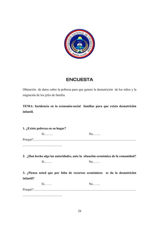 ENCUESTA

Obtención de datos sobre la pobreza para que genere la desnutrición de los niños y la
migración de los jefes de familia.


TEMA: Incidencia en la economía-social familiar para que exista desnutrición
infantil.




1. ¿Existe pobreza en su hogar?
                       Si……..                                                  No…….
Porqué?................................................................................................................................
.................................................


2. ¿Han hecho algo las autoridades, ante la situación económica de la comunidad?
                       Si…….                                                   No…….


3. ¿Piensa usted que por falta de recursos económicos                                              se da la desnutrición
infantil?
                       Si…….                                                   No…….
Porqué?................................................................................................................................
.................................................



                                                                 28
 
