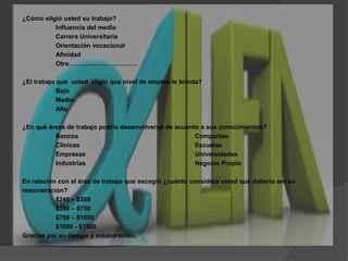 ¿Cómo eligió usted su trabajo?		Influencia del medio		Carrera Universitaria		Orientación vocacional		Afinidad		Otro……………………………¿El trabajo que  usted  eligió que nivel de empleo le brinda?		Bajo		Medio		Alto¿En qué áreas de trabajo podría desenvolverse de acuerdo a sus conocimientos?		Bancos				Compañías		Clínicas				Escuelas		Empresas 				Universidades		Industrias				Negocio PropioEn relación con el área de trabajo que escogió ¿cuánto considera usted que debería ser suremuneración?		$240 – $350		$350 – $750		$750 – $1000		$1000 - $1500Gracias por su tiempo y colaboración.