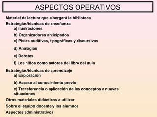Material de lectura que albergará la biblioteca
ASPECTOS OPERATIVOS
Estrategias/técnicas de enseñanza
a) Ilustraciones
b) Organizadores anticipados
c) Pistas auditivas, tipográficas y discursivas
d) Analogías
e) Debates
f) Los niños como autores del libro del aula
Estrategias/técnicas de aprendizaje
a) Exploración
b) Acceso al conocimiento previo
c) Transferencia o aplicación de los conceptos a nuevas
situaciones
Otros materiales didácticos a utilizar
Sobre el equipo docente y los alumnos
Aspectos administrativos
 
