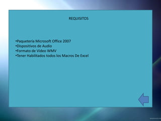 REQUISITOS




•Paquetería Microsoft Office 2007
•Dispositivos de Audio
•Formato de Video WMV
•Tener Habilitados todos los Macros De Excel
 