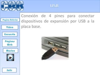 Conexión de 4 pines para conectar
Pagina Anterior
                  dispositivos de expansión por USB a la
   Video          placa base.
 Encuesta

  Páginas
   Web

   Música




    Salir
 