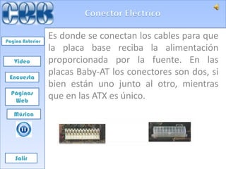 Pagina Anterior
                  Es donde se conectan los cables para que
                  la placa base reciba la alimentación
   Video          proporcionada por la fuente. En las
 Encuesta
                  placas Baby-AT los conectores son dos, si
                  bien están uno junto al otro, mientras
  Páginas
   Web
                  que en las ATX es único.
   Música




    Salir
 