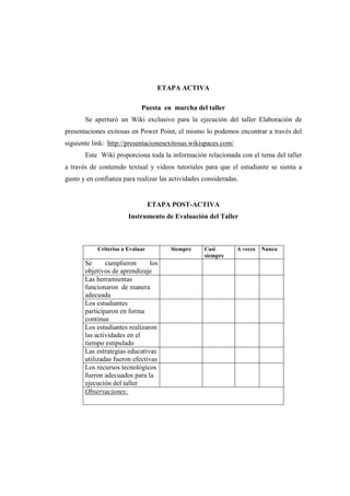 ETAPA ACTIVA

                             Puesta en marcha del taller
       Se aperturó un Wiki exclusivo para la ejecución del taller Elaboración de
presentaciones exitosas en Power Point, el mismo lo podemos encontrar a través del
siguiente link: http://presentacionesexitosas.wikispaces.com/
       Este Wiki proporciona toda la información relacionada con el tema del taller
a través de contenido textual y videos tutoriales para que el estudiante se sienta a
gusto y en confianza para realizar las actividades consideradas.


                                  ETAPA POST-ACTIVA
                        Instrumento de Evaluación del Taller



            Criterios a Evaluar        Siempre     Casi         A veces   Nunca
                                                   siempre
       Se      cumplieron      los
       objetivos de aprendizaje
       Las herramientas
       funcionaron de manera
       adecuada
       Los estudiantes
       participaron en forma
       continua
       Los estudiantes realizaron
       las actividades en el
       tiempo estipulado
       Las estrategias educativas
       utilizadas fueron efectivas
       Los recursos tecnológicos
       fueron adecuados para la
       ejecución del taller
       Observaciones:
 