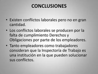 RECOMENDACIONESEs necesario implementar un programa en el que se difundan los Derechos y Obligaciones por parte de los empleadores. Es necesaria la aplicación de los Derechos y Obligaciones entre empleadores y trabajadores en todo lugar de trabajo.Para evitar afectar las relaciones laborales tanto empleadores como trabajadores deben cumplir con sus derechos y obligaciones.