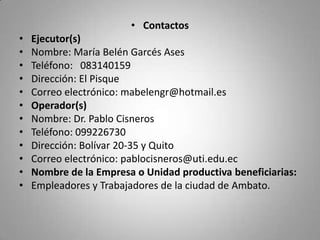 PERFIL DEL PROYECTOJUSTIFICACION DEL PROYECTOCon la ejecución de este proyecto se puede prevenir que existan conflictos laborales así se podría evitar muchos problemas que surgen a raíz de estos, como evitar que estos conflictos se lleven a instancias judiciales en algunos casos de manera innecesaria, con esto se evitaría el gasto innecesario de recursos económicos y de tiempo de las Instituciones Públicas así como de los particulares, esto conllevaría a que se judicialicen los conflictos laborales verdaderamente necesarios y los procesos judiciales en materia laboral serán más rápidos, se evitaría  también que se rompa la armonía en la vida de una persona estos sería en la vida de los empleadores y trabajadores, ya que por esto se generan también problemas familiares de orden económico y psicológico.