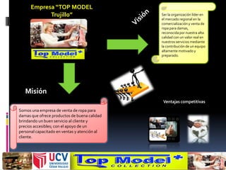 Empresa “TOP MODEL
            Trujillo”                         Ser la organización líder en
                                              el mercado regional en la
                                              comercialización y venta de
                                              ropa para damas,
                                              reconocida por nuestra alta
                                              calidad con un valor real en
                                              nuestros servicios mediante
                                              la contribución de un equipo
                                              altamente motivado y
                                              preparado.




   Misión
                                               Ventajas competitivas
Somos una empresa de venta de ropa para
damas que ofrece productos de buena calidad
brindando un buen servicio al cliente y
precios accesibles; con el apoyo de un
personal capacitado en ventas y atención al
cliente.
 
