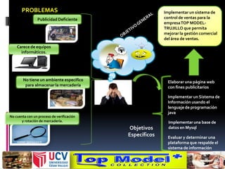 PROBLEMAS                                         Implementar un sistema de
                 Publicidad Deficiente                   control de ventas para la
                                                         empresa TOP MODEL-
                                                         TRUJILLO que permita
                                                         mejorar la gestión comercial
                                                         del área de ventas.
    Carece de equipos
      informáticos.




        No tiene un ambiente especifico                    Elaborar una página web
         para almacenar la mercadería                      con fines publicitarios

                                                           Implementar un Sistema de
                                                           Información usando el
                                                           lenguaje de programación
                                                           java
No cuenta con un proceso de verificación
       y rotación de mercadería.                           Implementar una base de
                                           Objetivos       datos en Mysql
                                           Específicos     Evaluar y determinar una
                                                           plataforma que respalde el
                                                           sistema de información
 