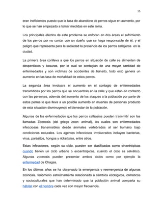 15


eran ineficientes puesto que la tasa de abandono de perros sigue en aumento, por
lo que se han empezado a tomar medidas en este tema.

Los principales efectos de este problema se enfocan en dos áreas el sufrimiento
de los perros por no contar con un dueño que se haga responsable de él, y el
peligro que representa para la sociedad la presencia de los perros callejeros en la
ciudad.

La primera área conlleva a que los perros en situación de calle se alimenten de
desperdicios y basuras, por lo cual se contagian de una mayor cantidad de
enfermedades y son víctimas de accidentes de tránsito, todo esto genera un
aumento en las tasa de mortalidad de estos perros.

La segunda área involucra el aumento en el contagio de enfermedades
transmitidas por los perros que se encuentran en la calle y que están en contacto
con las personas, además del aumento de los ataques a la población por parte de
estos perros lo que lleva a un posible aumento en muertes de personas producto
de esta situación disminuyendo el bienestar de la población.

Algunas de las enfermedades que los perros callejeros pueden transmitir son las
llamadas Zoonosis (del griego zoon: animal), las cuales son enfermedades
infecciosas transmisibles desde animales vertebrados al ser humano bajo
condiciones naturales. Los agentes infecciosos involucrados incluyen bacterias,
virus, parásitos, hongos y rickettsias, entre otros.

Estas infecciones, según su ciclo, pueden ser clasificadas como sinantrópicas
cuando tienen un ciclo urbano o exoantrópicas, cuando el ciclo es selvático.
Algunas zoonosis pueden presentar ambos ciclos como por ejemplo la
enfermedad de Chagas.

En los últimos años se ha observado la emergencia y reemergencia de algunas
zoonosis, fenómeno estrechamente relacionado a cambios ecológicos, climáticos
y socioculturales que han determinado que la población animal comparta su
hábitat con el hombre cada vez con mayor frecuencia.
 