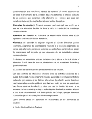 28


y sensibilización a la comunidad, además de mantener un control estadístico de
las tasas de crecimiento de la población de perros callejeros, al analizar cada una
de las acciones que conforman esta alternativa se           obtiene que estas son
complementarias por los que la alternativa es factible de realizar.

Alternativa de solución 3: Construir un nuevo canil municipal, esta acción por si
sola es una alternativa factible de llevar a cabo por parte de los organismos
correspondientes.

Alternativa de solución 4: Campaña de esterilización masiva, esta acción
representa una solución factible de realizar.

Alternativa de solución 5: Legislar respecto al soporte ambiental (caniles
veterinaria, programas de esterilización), respecto a la tenencia responsable de
perros, esta alternativa considera acciones que están fuera del ámbito de acción
del responsable del proyecto, ya que dependen de las autoridades públicas
correspondientes.

Por lo tanto las alternativas factibles de llevar a cabo son de la 1 a la 4 ya que la
alternativa 5 está fuera del alcance, siendo tema de las autoridades Estatales y
gubernamentales.

5.3. Análisis de los involucrados en las alternativas de solución.

Con este conflicto de interacción cotidiana entre los distintos habitantes de la
ciudad de Copiapó, resulta importante resaltar que grado de involucramiento tiene
cada actor con respecto a las distintas alternativas de solución que se describen.
Los involucrados en este problema son diversos, están los que se organizaron
para formar parte de la solución, y otros que casi por instinto y/o amor a los
animales los han cuidado y protegido en los lugares donde ellos residen. Además
el otro actor fundamental es la I. Municipalidad de Copiapó, que por demandas
ciudadanas ejecuta acciones para enfrentar el problema.

Como primera etapa, se identifican los involucrados en las alternativas de
solución:

 Ilustre Municipalidad de Copiapó.
 
