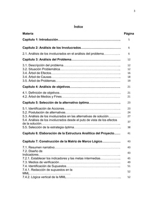 3




                                     Índice

Materia                                                                   Página
Capítulo 1: Introducción…………………………………………………….                               5

Capítulo 2: Análisis de los Involucrados…………………………………                       6

2.1. Análisis de los involucrados en el análisis del problema…………….         6

Capítulo 3: Análisis del Problema…………………………………………                           12

3.1. Descripción del problema………………………………………………..                           12
3.2. Situación Problemática…………………………………………………..                            12
3.4. Árbol de Efectos…………………………………………………………..                               16
3.4. Árbol de Causas…………………………………………………………..                                18
3.5. Árbol de Problemas………………………………………………………                                19

Capítulo 4: Análisis de objetivos………………………………………….                          21

4.1. Definición de objetivos……………………………………………………                            21
4.2. Árbol de Medios y Fines…………………………………………………                             21

Capítulo 5: Selección de la alternativa óptima………………………….                   23

5.1. Identificación de Acciones……………………………………………….                          23
5.2. Postulación de alternativas………………………………………………                          24
5.3. Análisis de los involucrados en las alternativas de solución…………       27
5.4. Análisis de los involucrados desde el puto de vista de los efectos
                                                                            37
de la solución…………………………………………………………………..
5.5. Selección de la estrategia óptima……………………………………….                      38

Capítulo 6: Elaboración de la Estructura Analítica del Proyecto……           41

Capítulo 7: Construcción de la Matriz de Marco Lógico………………                 43

7.1. Resumen narrativo……………………………………………………….                                43
7.2. Diseño de
                                                                            43
Indicadores……………………………………………………………………..
7.2.1. Establecer los indicadores y las metas intermedias………………..           45
7.3. Medios de verificación……………………………………………………                             49
7.4. Identificación de Supuestos……………………………………………..                         51
7.4.1. Redacción de supuestos en la
                                                                            52
MML………………………………….
7.4.2. Lógica vertical de la MML……………………………………………...                        52
 