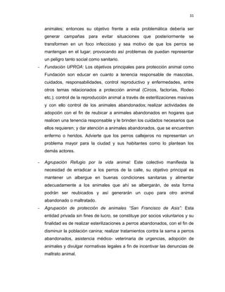 31


    animales; entonces su objetivo frente a esta problemática debería ser
    generar campañas para evitar situaciones que posteriormente se
    transformen en un foco infeccioso y sea motivo de que los perros se
    mantengan en el lugar; provocando así problemas de puedan representar
    un peligro tanto social como sanitario.
-   Fundación UPROA: Los objetivos principales para protección animal como
    Fundación son educar en cuanto a tenencia responsable de mascotas,
    cuidados, responsabilidades, control reproductivo y enfermedades, entre
    otros temas relacionados a protección animal (Circos, factorías, Rodeo
    etc.); control de la reproducción animal a través de esterilizaciones masivas
    y con ello control de los animales abandonados; realizar actividades de
    adopción con el fin de reubicar a animales abandonados en hogares que
    realicen una tenencia responsable y le brinden los cuidados necesarios que
    ellos requieren; y dar atención a animales abandonados, que se encuentren
    enfermo o heridos. Advierte que los perros callejeros no representan un
    problema mayor para la ciudad y sus habitantes como lo plantean los
    demás actores.

-   Agrupación Refugio por la vida animal: Este colectivo manifiesta la
    necesidad de erradicar a los perros de la calle, su objetivo principal es
    mantener un albergue en buenas condiciones sanitarias y alimentar
    adecuadamente a los animales que ahí se albergarán, de esta forma
    podrán ser reubicados y así generarán un cupo para otro animal
    abandonado o maltratado.
-   Agrupación de protección de animales “San Francisco de Asis”: Esta
    entidad privada sin fines de lucro, se constituye por socios voluntarios y su
    finalidad es de realizar esterilizaciones a perros abandonados, con el fin de
    disminuir la población canina; realizar tratamientos contra la sarna a perros
    abandonados, asistencia médico- veterinaria de urgencias, adopción de
    animales y divulgar normativas legales a fin de incentivar las denuncias de
    maltrato animal.
 