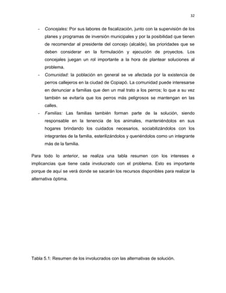 32


   -   Concejales: Por sus labores de fiscalización, junto con la supervisión de los
       planes y programas de inversión municipales y por la posibilidad que tienen
       de recomendar al presidente del concejo (alcalde), las prioridades que se
       deben considerar en la formulación y ejecución de proyectos. Los
       concejales juegan un rol importante a la hora de plantear soluciones al
       problema.
   -   Comunidad: la población en general se ve afectada por la existencia de
       perros callejeros en la ciudad de Copiapó. La comunidad puede interesarse
       en denunciar a familias que den un mal trato a los perros; lo que a su vez
       también se evitaría que los perros más peligrosos se mantengan en las
       calles.
   -   Familias: Las familias también forman parte de la solución, siendo
       responsable en la tenencia de los animales, manteniéndolos en sus
       hogares brindando los cuidados necesarios, sociabilizándolos con los
       integrantes de la familia, esterilizándolos y queriéndolos como un integrante
       más de la familia.

Para todo lo anterior, se realiza una tabla resumen con los intereses e
implicancias que tiene cada involucrado con el problema. Esto es importante
porque de aquí se verá donde se sacarán los recursos disponibles para realizar la
alternativa óptima.




Tabla 5.1: Resumen de los involucrados con las alternativas de solución.
 