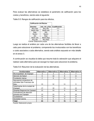 40


Para evaluar las alternativas se establece el parámetro de calificación para los
costos y beneficios, siendo este el siguiente:

Tabla 5.5: Rangos de calificación para los efectos.

                        Calificación de Efectos

                       Directos       Ind., Int. y Ext. Cualificación
                         Muy bajo         Muy alto            +++
                        Medio bajo       Medio alto            ++
                           Bajo              Alto               +
                          Neutro          Neutro                0
                            alto            Bajo                 -
                        Medio alto      Medio Bajo              --
                         Muy alto        Muy Bajo              ---
                     Fuente: Elaboración propia.
Luego se realiza el análisis por cada una de las alternativas factibles de llevar a
cabo para solucionar el problema, comparando los involucrados con los beneficios
o costo asociados a cada alternativa, siendo este análisis expuesto en más detalle
en el anexo 3.

A continuación se visualiza la tabla que resume toda la valoración que adquiere el
realizar cada alternativa para así escoger la mejor para solucionar el problema.

Tabla 5.6: Resumen de la evaluación de las alternativas.

        Involucrados         Alternativa 1 Alternativa 2 Alternativa 3 Alternativa 4
Municipalidad de Copiapó           -3            3             5             7
Servicio de Salud                   8           16             8            11
Fundación Uproa                     2            6            11             5
Agrupación protectora de
animales San Francisco de
Asis.                             15            12            11             9
Veterinarias de la ciudad de
Copiapó                           17            10            11            15
Hospital Regional de Copiapó      12            13             9            10
Consultorios de atención
primaria de Copiapó               12            13             7            10
Ciudadanos                        13            19            11            13
Sociedad vecina                     8            0             3             0
Total                             84            92            76            80
Fuente: Elaboración propia.
 