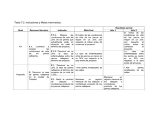 Tabla 7.2. Indicadores y Metas intermedias.

                                                                                                                Resultado parcial
   Nivel      Resumen Narrativo              Indicador                        Meta final                   Año 1                Año 2
                                                                                                                        El índice de las
                                      F.1.1.   Mejorar      las      El índice de las condiciones                       condiciones de vida
                                      condiciones de vida del        de vida de los perros es                           de los perros es
                                      20% de los perros que          mayor en un 20% con                                mayor en un 20%
                                      actualmente están en           respecto al índice antes de                        con    respecto      al
                                      situación de calle al          comenzar el proyecto.                              índice    antes     de
    Fin      F.1.    Contribuir   a   término del proyecto.                                                             comenzar             el
             mejorar            las                                                                                     proyecto.
             condiciones de vida      F.1.2. Disminuir en      un                                                       La       tasa       de
             de      los     perros   30%     la     tasa      de    La tasa de enfermedades                            enfermedades entre
             callejeros.              enfermedades entre      los    entre los perros es menor en                       los perros es menor
                                      perros    callejeros      al   un 30% con respecto a la                           en un 30% con
                                      término del proyecto.          tasa antes del proyecto.                           respecto a la tasa
                                                                                                                        antes del proyecto.
                                      P.1. Disminuir en un
                                      20% la tasa de perros          1.400 perros erradicados de                            1.400        perros
                                      callejeros al término del      las calles.                                            erradicados de las
             P. Disminuir la tasa     proyecto de un total de                                                               calles.
 Propósito   de perros callejeros     7.000.
             en la ciudad de                                                                        Mantener           un
             Copiapó.                 P.2. Medir la cantidad         Mantener       un  registro    registro mensual de
                                      de       ataques       o       mensual de los ataques o       los    ataques      o
                                      mordeduras producto de         mordeduras producto de los     mordeduras
                                      los perros callejeros.         perros callejeros.             producto de los
                                                                                                    perros callejeros.
 