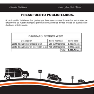 Campañas Publicitarias                                Autor: Jhan Carlos Paccha


                  PRESUPUESTO PUBLICITARIOS.
A continuación detallamos los gastos que llevaremos a cabo durante los seis meses de
lanzamiento de nuestra campaña publicitaria utilizando los medios locales los cuales ya se
detallaron anteriormente.




                             PUBLICIDAD EN DIFERENTES MEDIOS

               Descripción                    Coste mensual         Coste total
      Costó de publicitar el radio local      250 a 300 dólares     1.800 dólares
      Costo de publicitar en televisión local 400 a 500 dólares     3.000 dólares
                                                           Total    4.800 dólares




                                     PARE
 