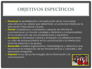 OBJETIVOS ESPECÍFICOS

o Promover la sensibilización y la implicación de la comunidad
  educativa en los valores que determinen un profundo interés por la
  educación intercultural y la paz.
o Formar ciudadanas y ciudadanos capaces de afrontar la
  convivencia en un mundo complejo y dinámico y comprometidos
  en la construcción de una sociedad justa y equitativa.
o Incorporar la diversidad cultural y el respeto a la diferencia como
  un valor de enriquecimiento en la comunicación y la interacción
  entre las personas y los grupos.
o Desarrollar modelos organizativos, metodológicos y didácticos que
  favorezcan la integración de las minorías étnicas y culturales y del
  alumnado inmigrante.
o Impulsar el uso de las tecnologías de la información y la
  comunicación.
 